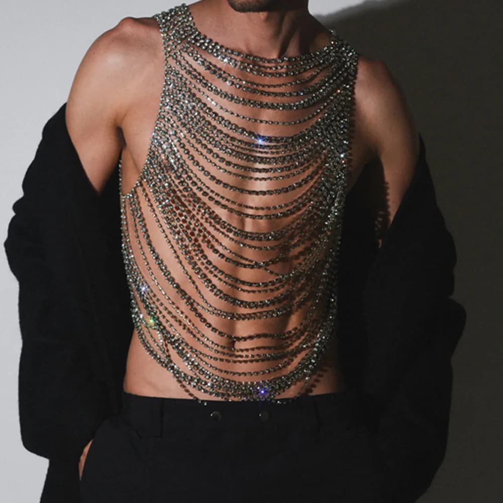 Moda lussuosa bling uomo donna catena per il corpo biancheria intima con strass banchetto spettacolo teatrale accessori di abbigliamento per feste