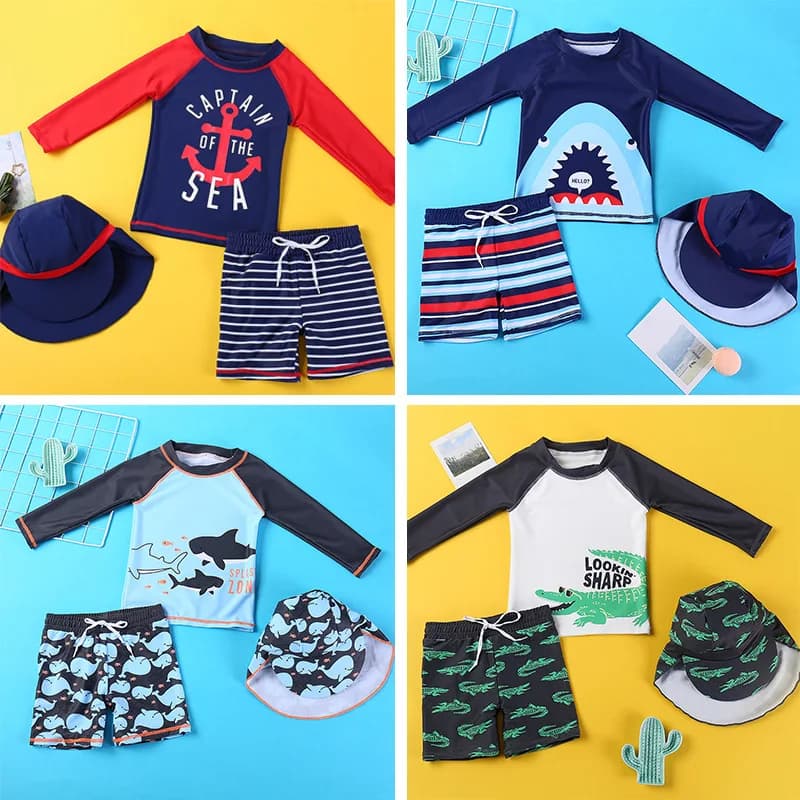 2025 Set costume da bagno diviso estivo Neonati maschi Maniche lunghe/Manica corta Costume da bagno + Pantaloncini da bagno + Cuffia da bagno Set tre pezzi