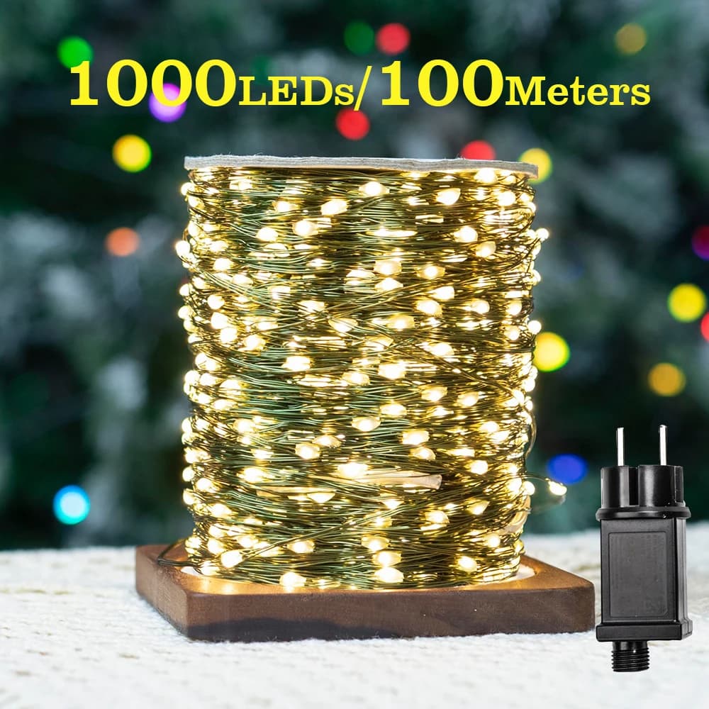 Green Cable 1000 LED String Lights 100m Christmas Tree Fairy Lights Outdoor Waterproof Garland Christmas Holiday Decorration