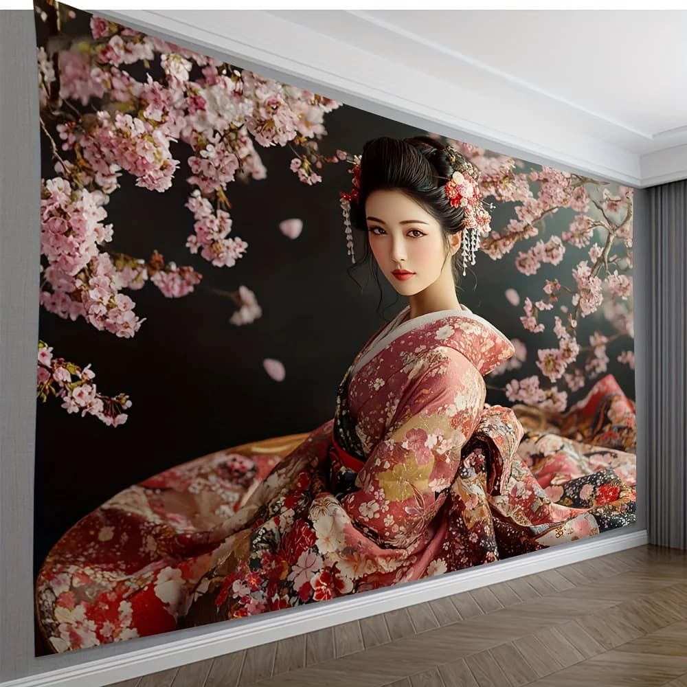 Geisha Woman Cherry Blossom Tapestry Japanese Kimono Art Spring Flowers Wall Hanging Eastern Decor Living Room Print