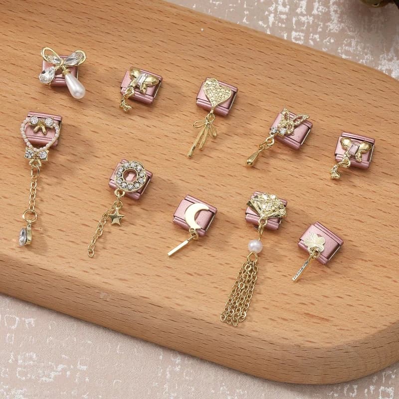 Vintage Golden Butterfly Bow Moon Heart Star Chain Pink Charm Fit 9MM Stainless Steel Bracelet DIY Valentine's Jewelry Gift