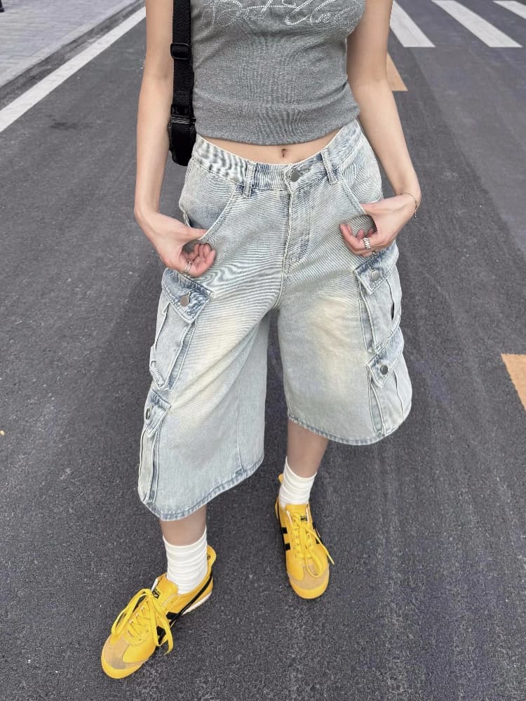 Retro American Washed Loose Jeans Shorts Men Women Style Summer Street Multi Pocket Slimming Seven-Foot Trendy Casual Jeans
