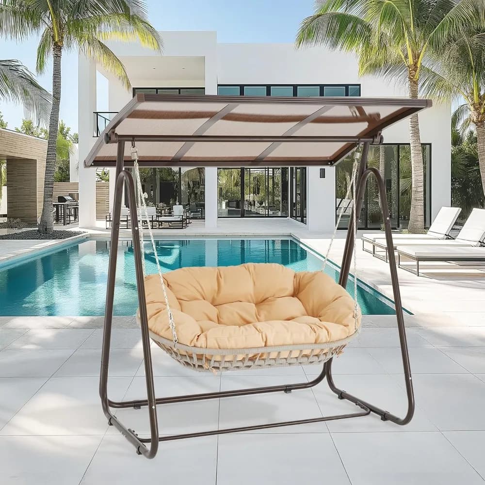 Outdoor porch swing for 2 people with adjustable rigid canopy, 5,9 thick pillows, rattan patio rocking chair with weatherproof