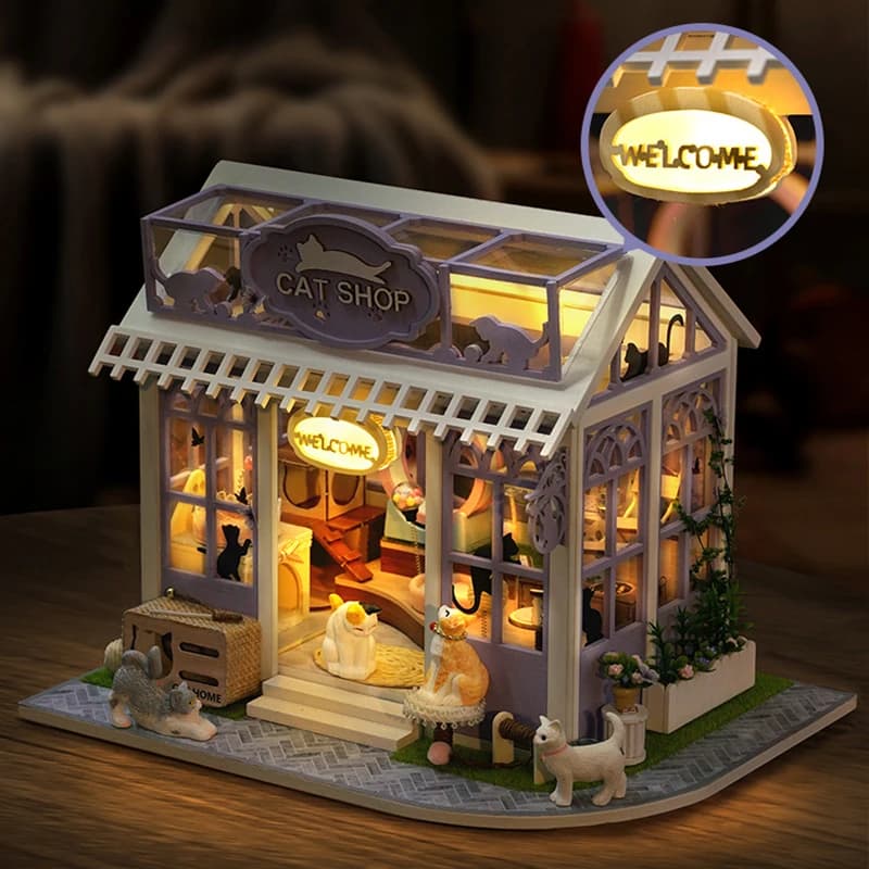 Casa delle bambole in legno fai-da-te Casa per gatti Negozio di fiori in miniatura con kit di mobili Assemblare blocchi Giocattoli per bambini Regalo per adulti Casa