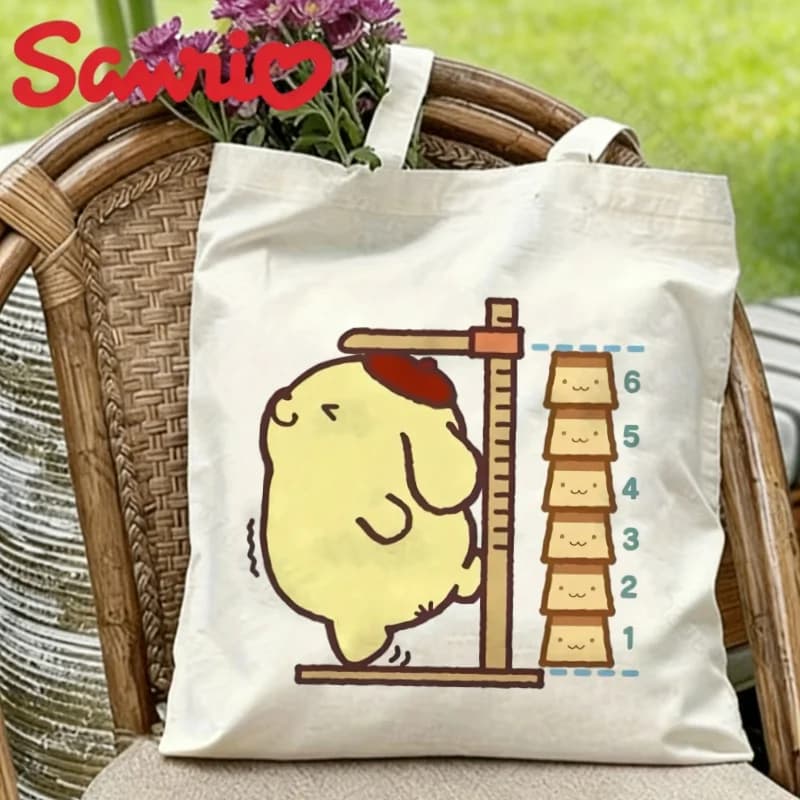 1PC Borsa tote in tela Kawaii Sanrio Pompompurin con misurazione dell'altezza, shopper da spalla ecologico e riutilizzabile