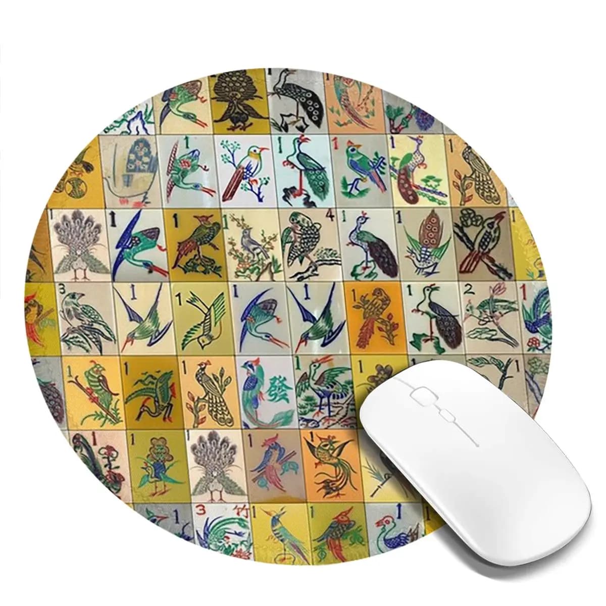 Tappetino per mouse rotondo Mah Jongg Birds Mahjong Tiles, tappetino per tastiera e mouse per computer, tappetino da gioco per PC, tappetino da scrivania per ufficio