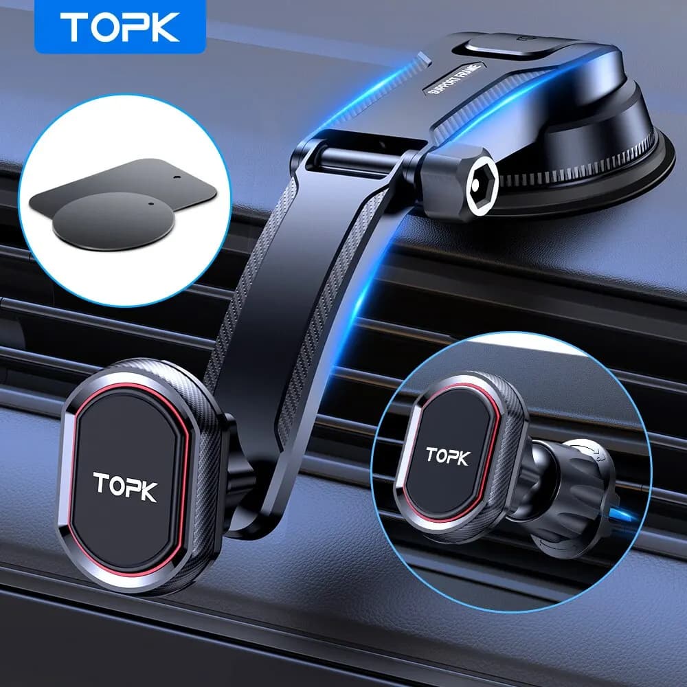 TOPK Supporto magnetico per telefono per auto Supporto per telefono vivavoce 2 in 1 per cruscotto e presa d'aria per iPhone Samsung Android