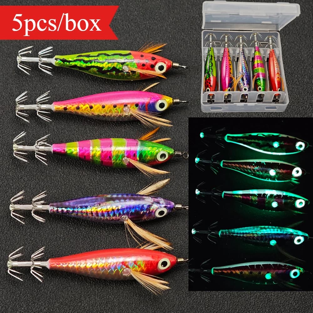 5pcs/box Horizontal Squid Jig Egi Set Glow In Dark Sharp Octopus Hook Hard Bait Saltwater Sea Night Fishing Cuttlefish Tackle