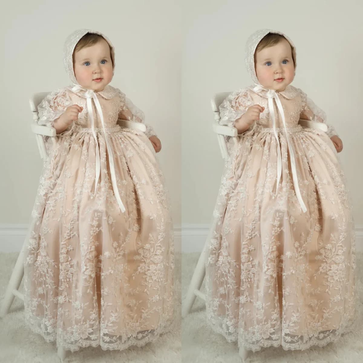 Abiti da battesimo per bambini in pizzo champagne con perline Abito lungo da battesimo per ragazze Abito da prima comunione per compleanno per bambini appena nati