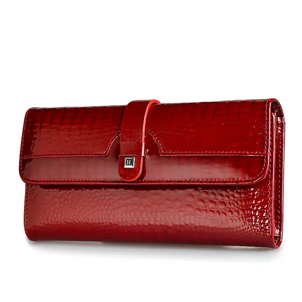 HH Women's Long Wallet Genuine Leather Wallets Model in Red Alligator Bag Leather Wallet with triple clutch of great luxury capacity