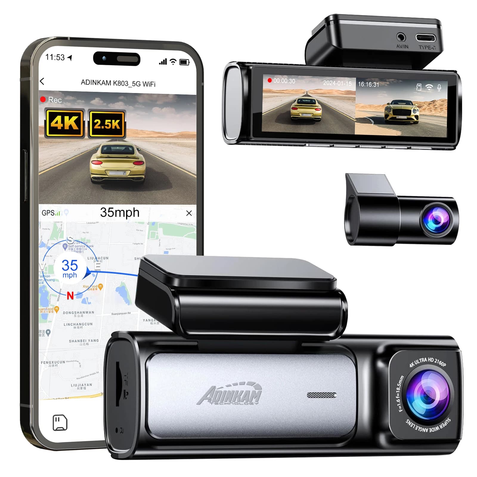 ADINKAM Updated 2.5K Rear Camera 4K Front Dash Cam Dual Channel Recorder for Car with Wifi GPS Black Car Box