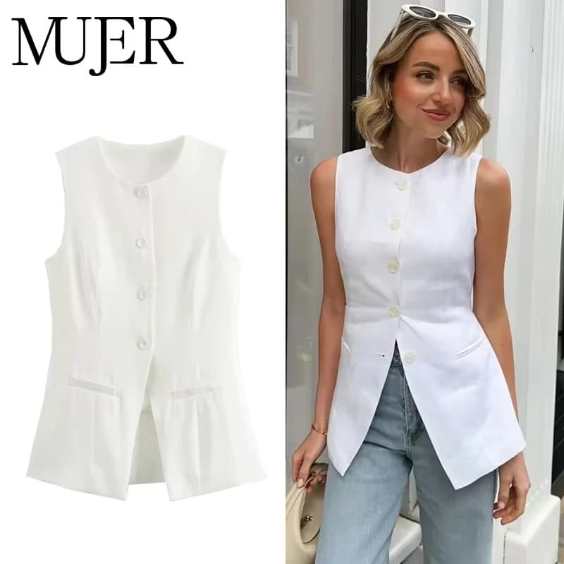 MUJER 2025 Gilet senza maniche bianco Gilet estivo da donna con bottoni per giacca da donna Gilet rosa Top Donna Streetwear Gilet su misura da donna
