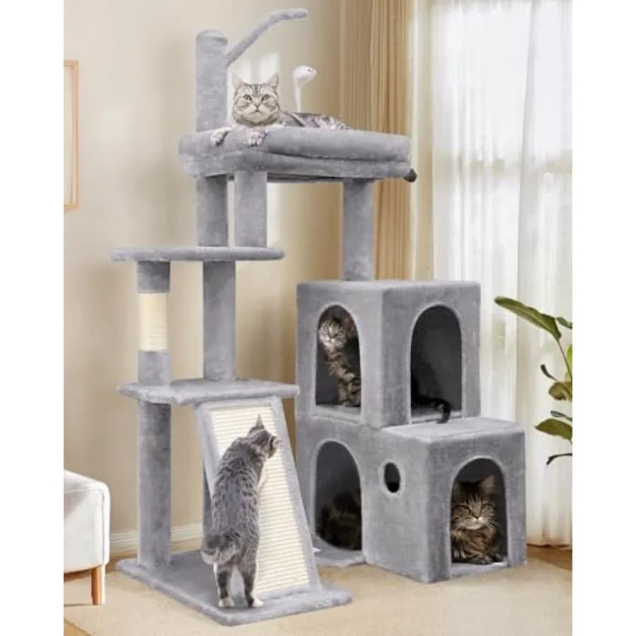 Torre per Gatti Robusta da 50 Pollici per Gatti Adulti da Interno con Piattaforma Imbottita Extra-Large, Tiragraffi in Sisal, 2 Grandi Casette e Luce