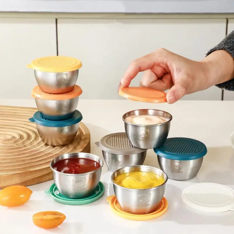 Contenitore per condimenti per insalata da 1/6 pezzi con coperchi in silicone riutilizzabili a tenuta stagna per tazza in acciaio inossidabile da 80 ml per scatola da pranzo e cucina da picnic