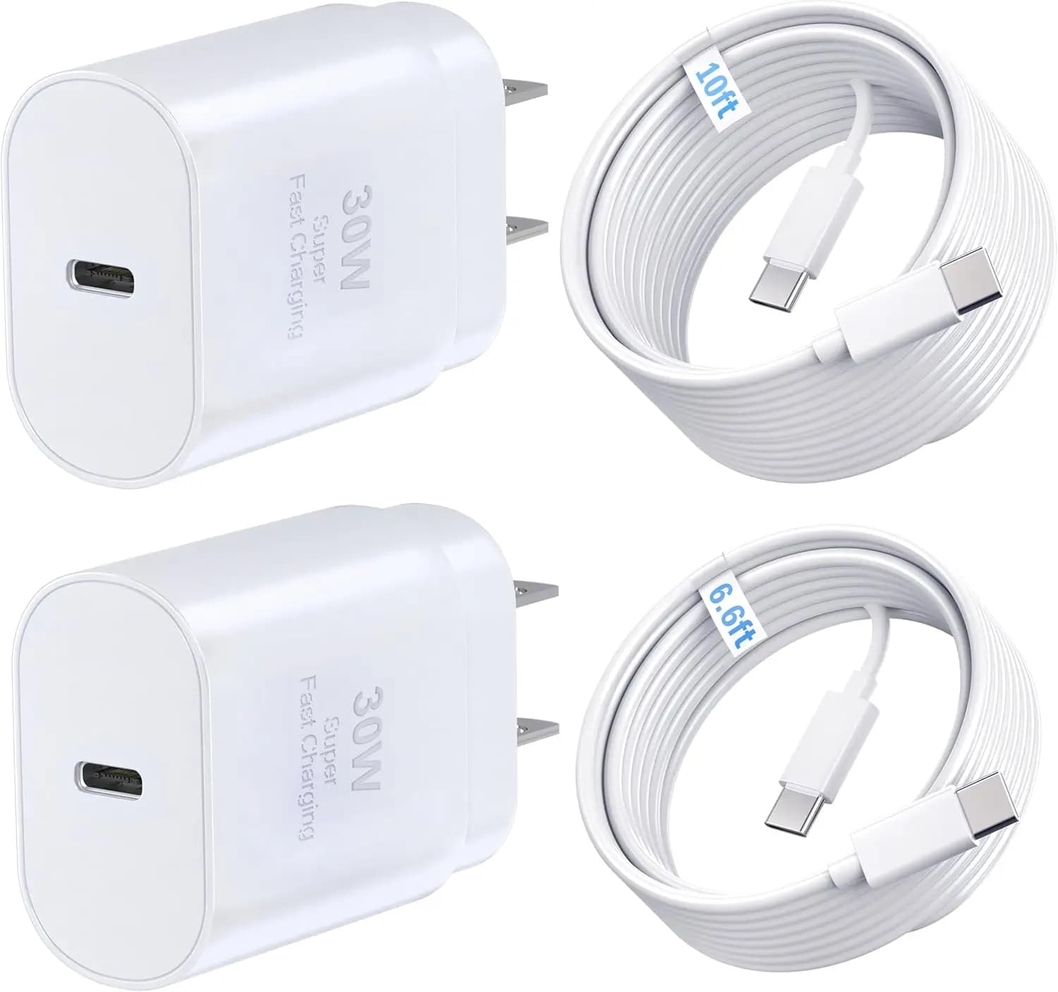 30W USB C Fast Charger Kit with 10FT & 6.6FT Cables, PD 3.0 Wall Charger Compatible with iPhone 17/16/15 Pro Max, Galaxy S26/S25/S24 Ultra, iPad Pro (White)