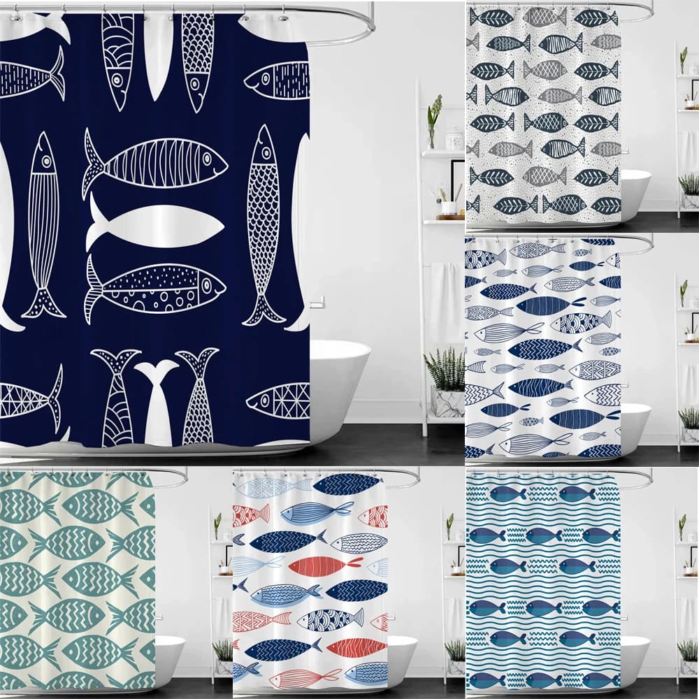 Tenda da doccia pesce blu semplice pesce astratto orientale artistico sfondo bianco tessuto impermeabile tenda da bagno