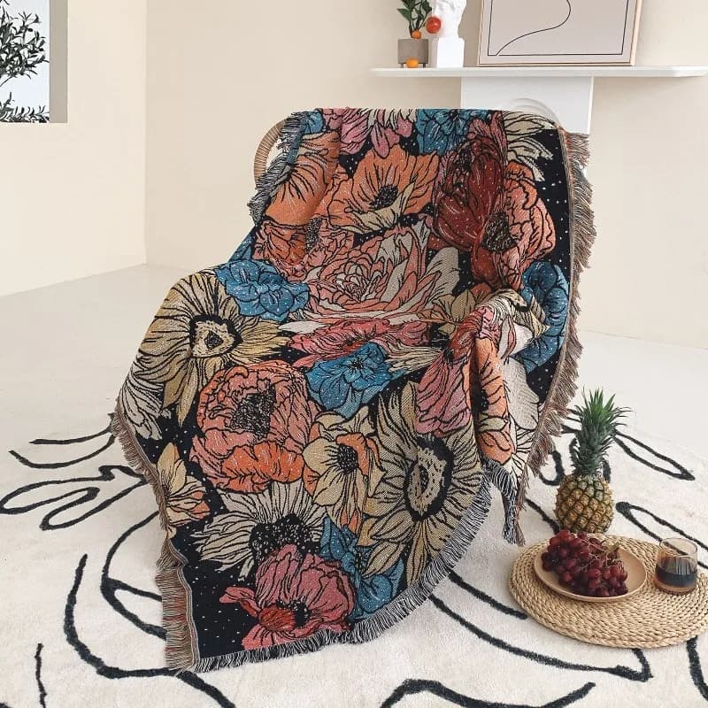 Coperta Bohemien Vintage con Nappe Floreali, Copridivano Multifunzionale Intrecciato per Soggiorno, Camera da Letto e Uso Esterno