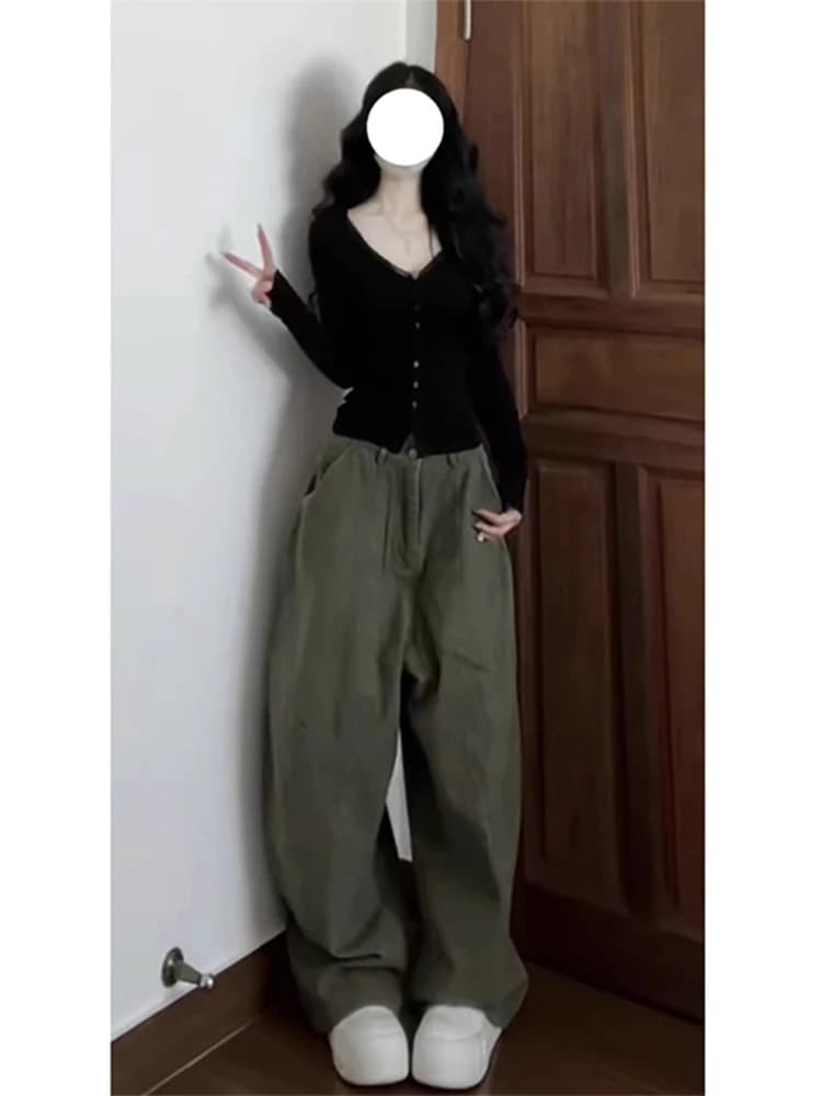 American Street Green Curved Knife Pants Workwear Jeans Women's High Waist Long Straight Leg Loose Fit Spring Fashion