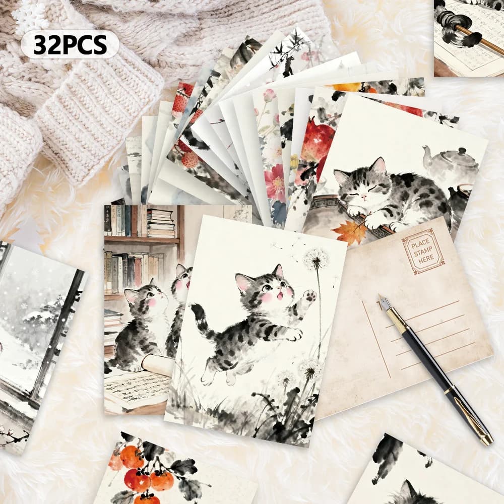 Cartoline per gatti con lavaggio inchiostro da 32 pezzi, regali di Natale, carte per decorazioni per il soggiorno, regali per studenti, decorazioni per la camera da letto economiche, cartoncino spesso,