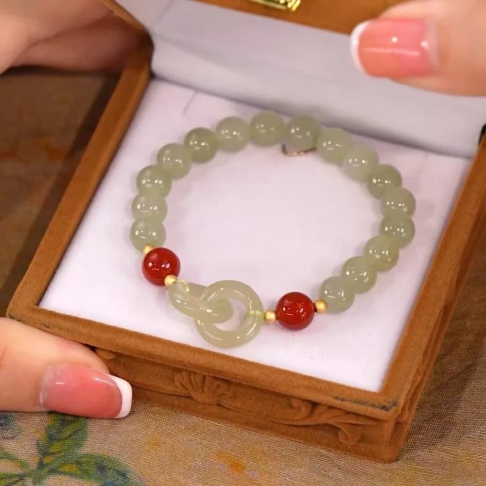 Heart Buckle Chalcedony Bead Bracelet Imitation Jade Fengshui Lucky Interlocking Bracelet Double Ring Design Bangle Jewelry