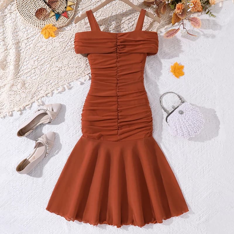 Girls 8-12 Casual Dress, Rust Off-Shoulder Ruched Mermaid Dress with Spaghetti Straps, Elegant for Daily and Party Wear