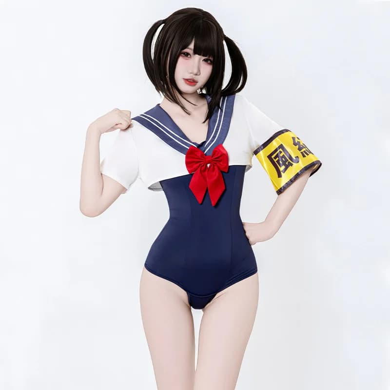 Costume da bagno stile giapponese Dead Pool, costume da scuola vintage, abbigliamento cosplay anime, uniforme blu e bianca aderente.