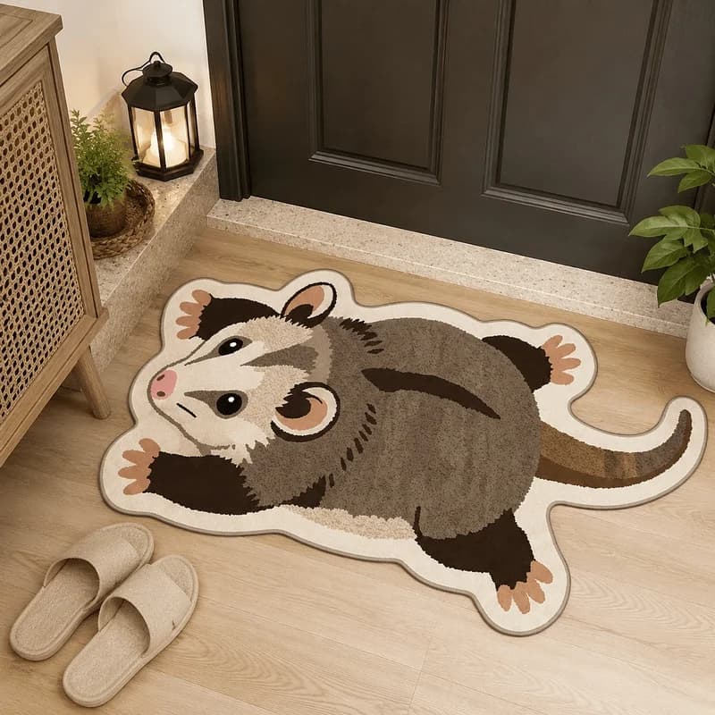 VIKAMA Plush Opossum Door Mat Anti-Slip Soft Cartoon Bathroom Carpet Suitable for Bedroom Bathroom Foyer Home Decor