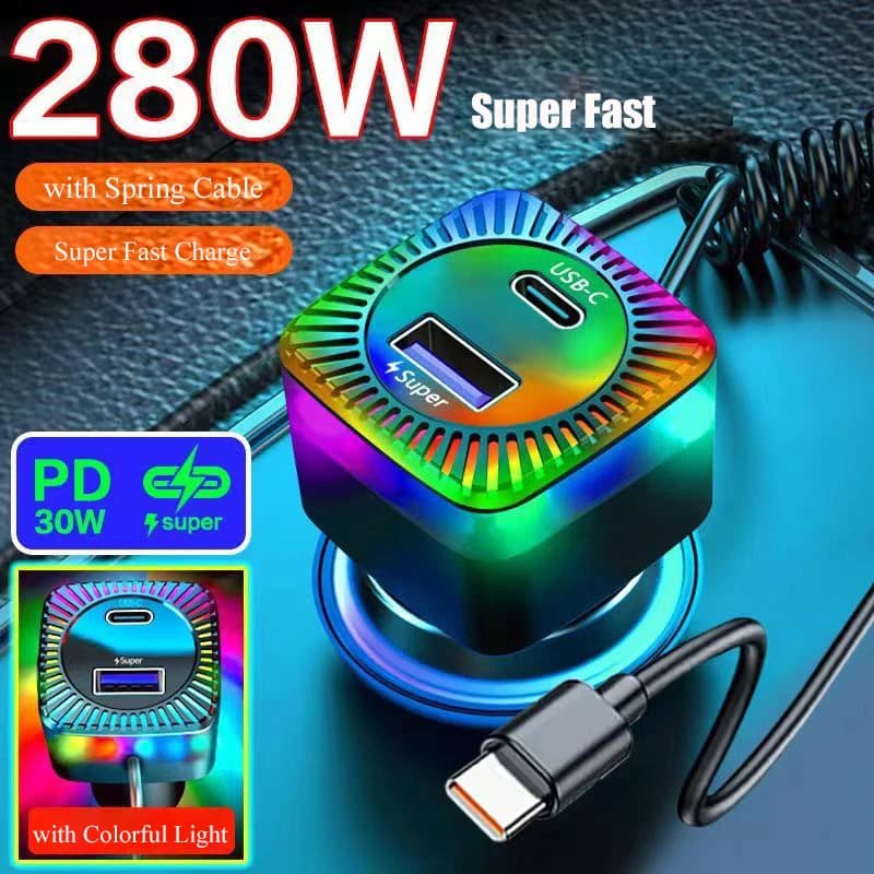 Adattatore per caricabatteria da auto USB C da 280W con cavo a molla luce colorata PD 30W 3 in 1 ricarica Super veloce per Macbook Samsung iPhone