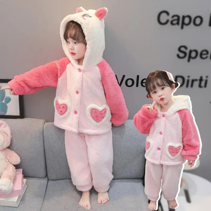 Kawaii Girl Fashion Pigiama Set Student Winter Cartoon Casual Keep warm Keep warm Top Long pants Set of 2 pieces Kids Clothing