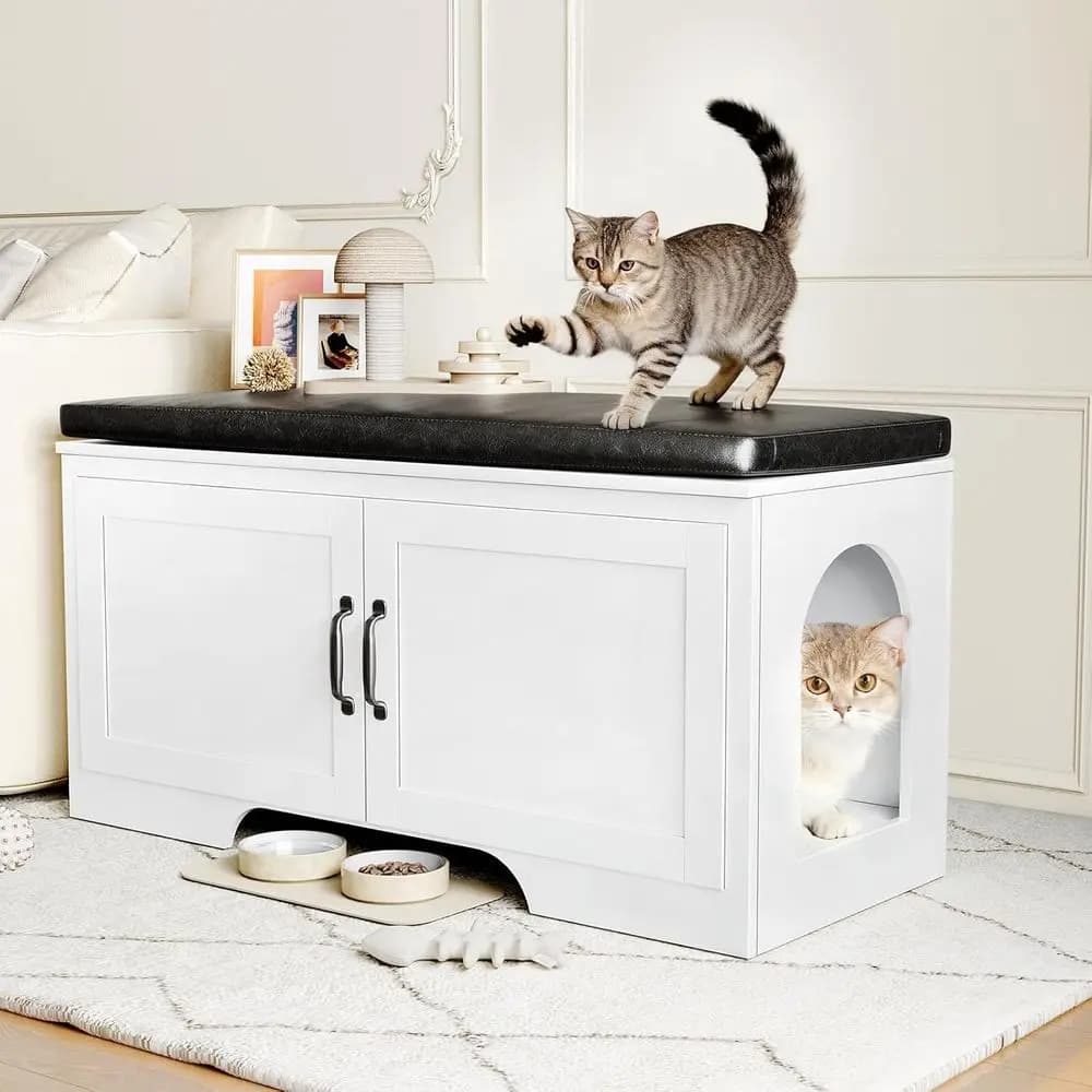 Mobiletto Lettiera per Gatti a Scomparsa 35 con Cuscino Rimovibile, Armadietto Contenitore, Design con Ingresso dall'Alto, Bianco