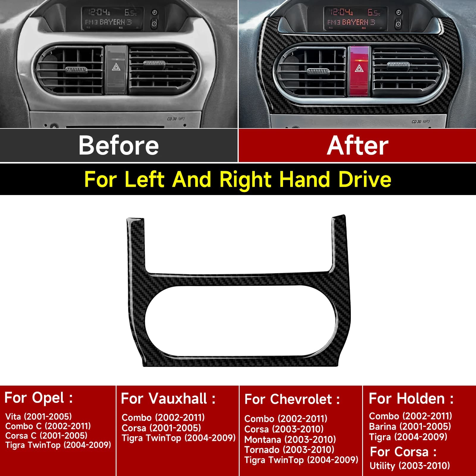 Pannello per bocchette dell'aria della console centrale dell'auto. Adesivo interno in fibra di carbonio. Per Opel Vita Combo C. Corsa C. Tigra TwinTop. Accessori di finitura.