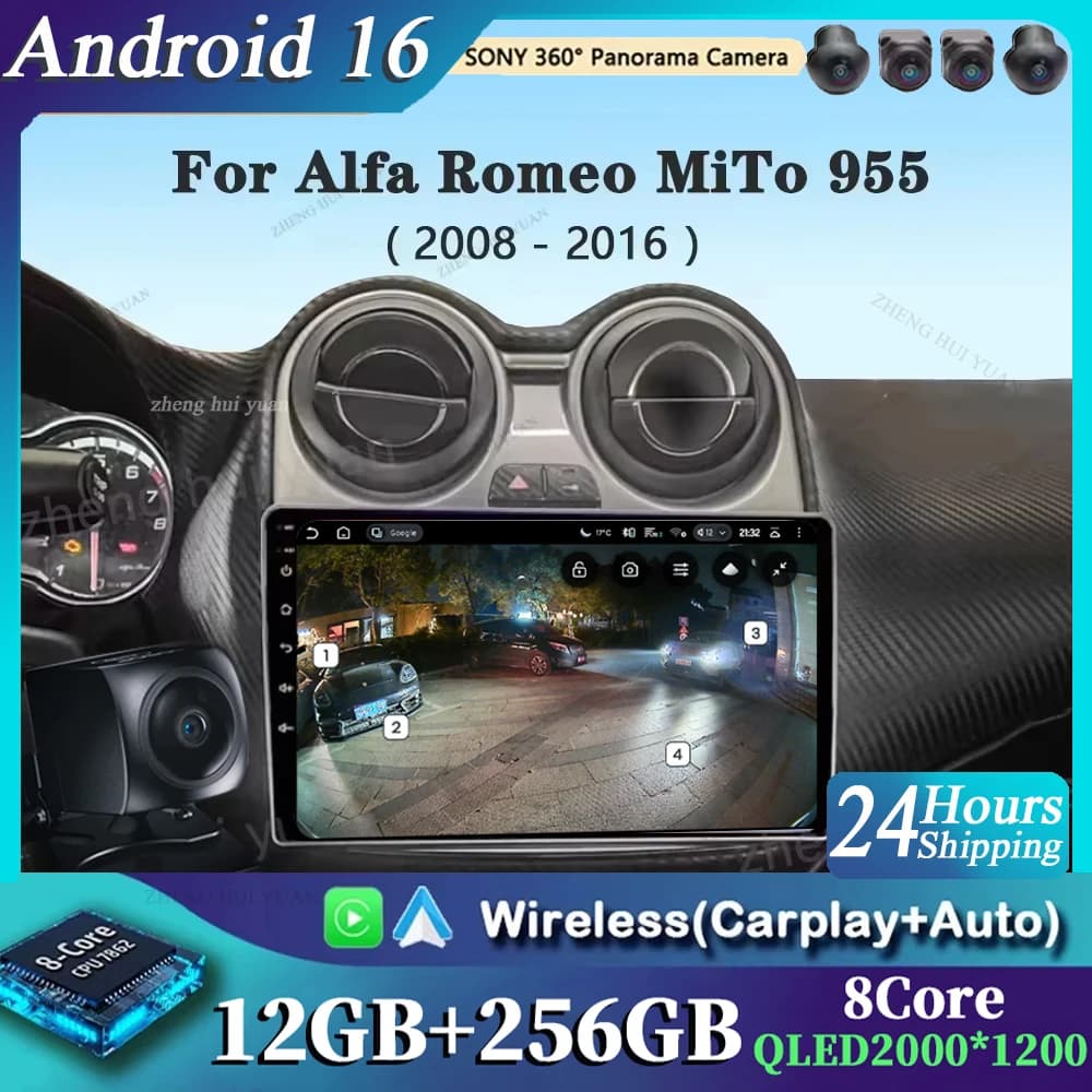 For Alfa Romeo MiTo 955 2008 2009 - 2016 Android 16 GPS WIFI 4G Carplay&Auto Car Radio Navigation QLED Multimedia Stereo Player