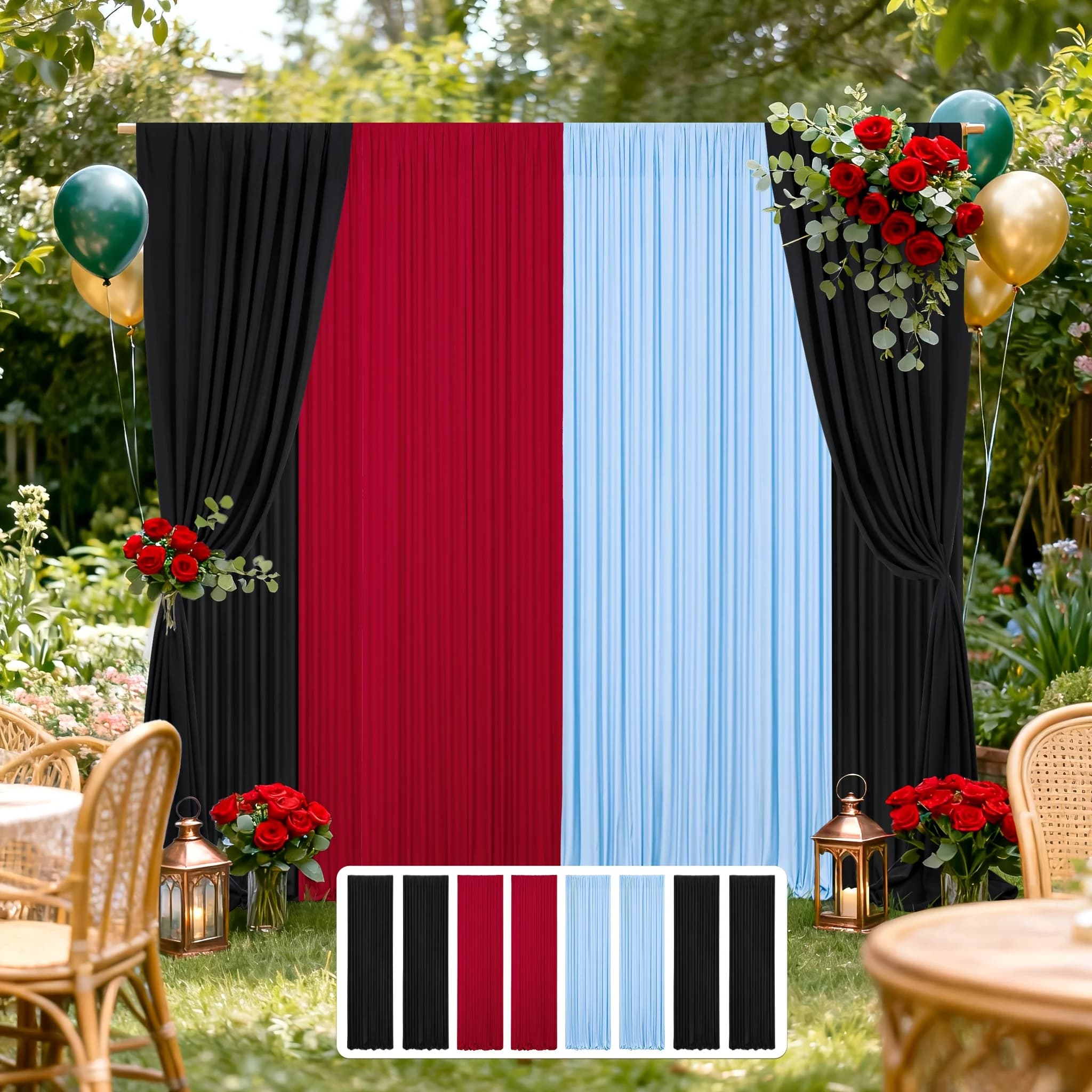 Set di 8 Pannelli Extra Larghi 40ft x 7ft Senza Pieghe per Fondali di Feste - 4 Pannelli Neri, 2 Pannelli Blu e 2 Pannelli Rossi, Resistenti