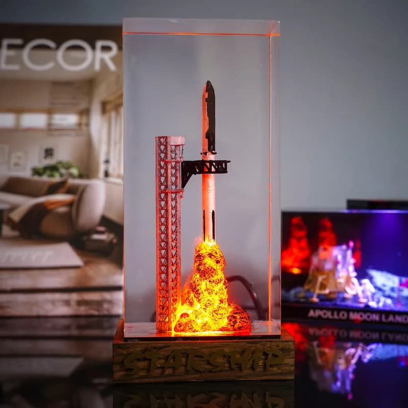 Spacex Starship Rocket 3D Model Transparent Epoxy Resin Led Night Lamp Wooden Base Home Desk Decoration Gift For Men