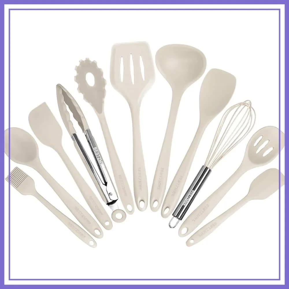 Set di 11 Utensili da Cucina in Silicone, Strumenti per Pentole Antiaderenti, Gadget da Cucina Colorati (Kaki)