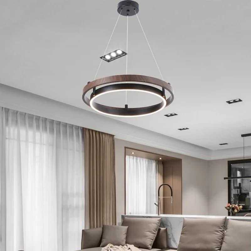 Lampada a sospensione moderna e minimalista con venature del legno, anello circolare in stile antico, sala da pranzo, camera modello, stanza degli ospiti