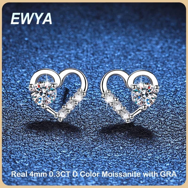 EWYA New In 0.3CT 4mm D Color Moissanite Stud Earrings For Women Party 925 Sterling Silver Pass Diamond Test Heart Shape Earring