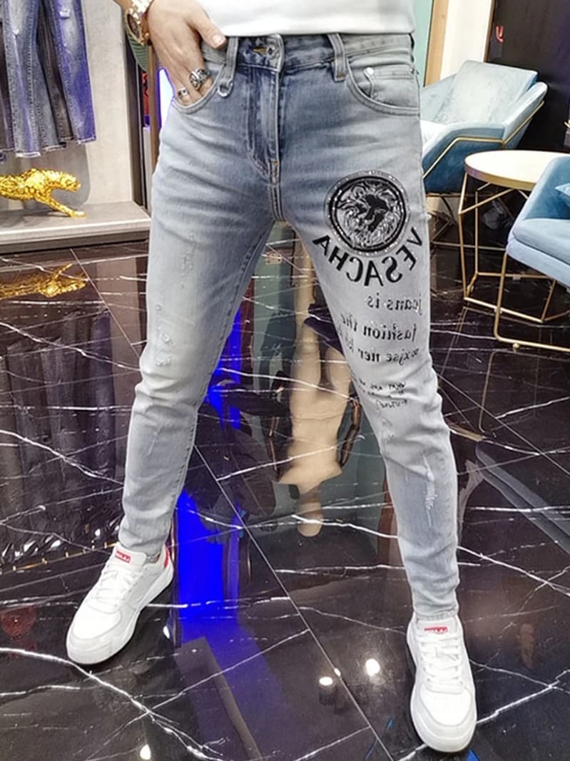 Jeans Slim Fit Estivi Leggeri Colore Chiaro con Stampa Diamantata alla Moda per Uomo, Pantaloni Casual Lunghi Tendenza Giovanile