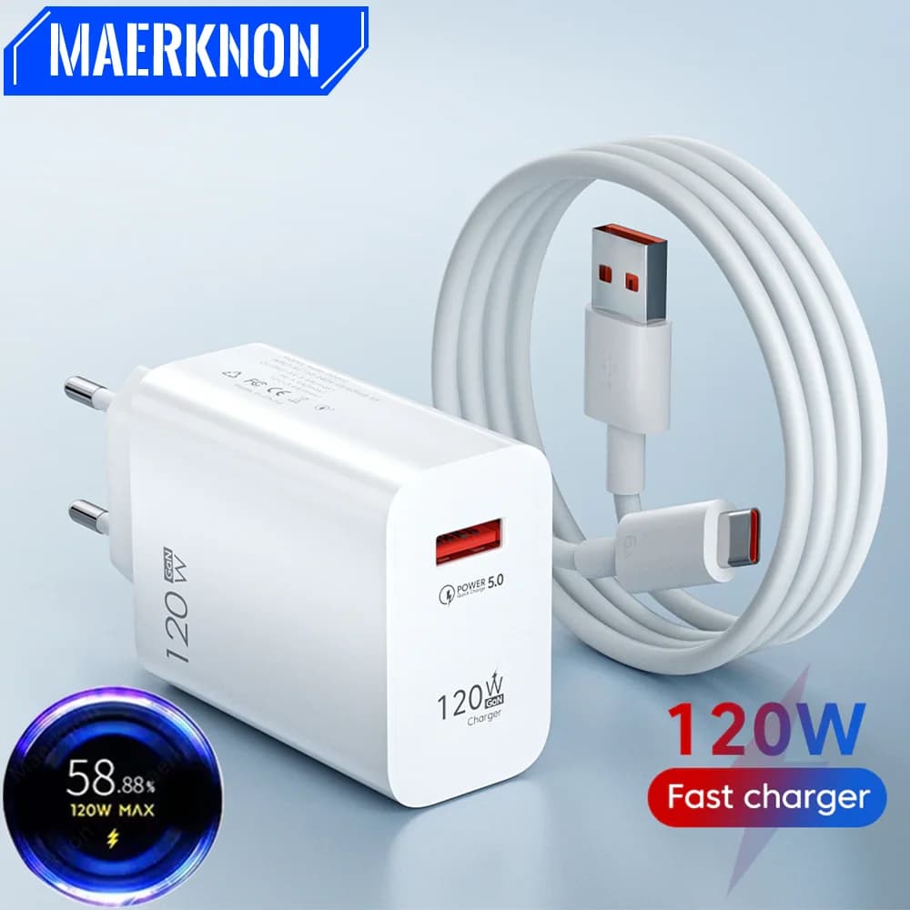 120W Fast Charging USB Charger 6A Type C Cable For Samsung Xiaomi Huawei Quick Charge 5.0 Wall USB Moible Phone Charger Adapter