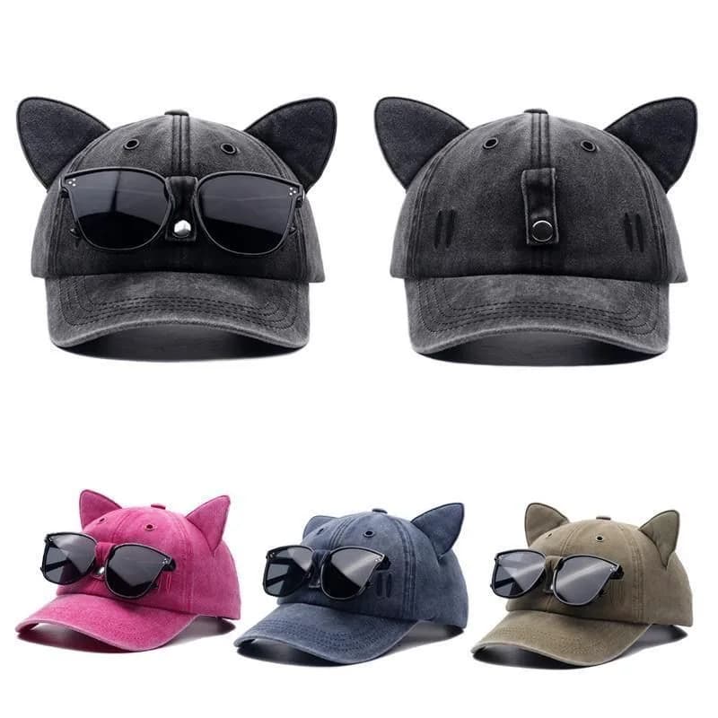 New Cute Cat Ears Pilot Hat With Glasses Baseball Cap Water Washed Baseball Cap Adjustable Outdoor Sunshade Sun Hats Unisex Gift