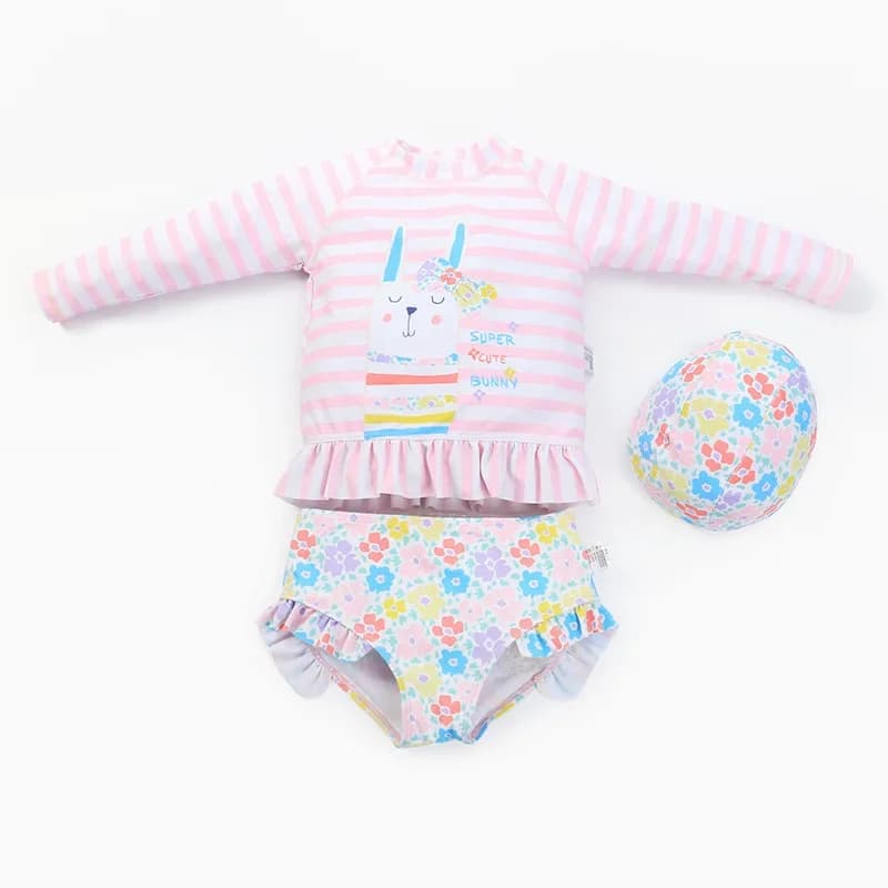 Nuovo Costume da Bagno per Bambini con Cuffia da Nuoto, Bikini per Bambine, Costume da Bagno con Protezione Solare, Design Cartone Animato Coniglio, Costume da Bagno Diviso per Bambine