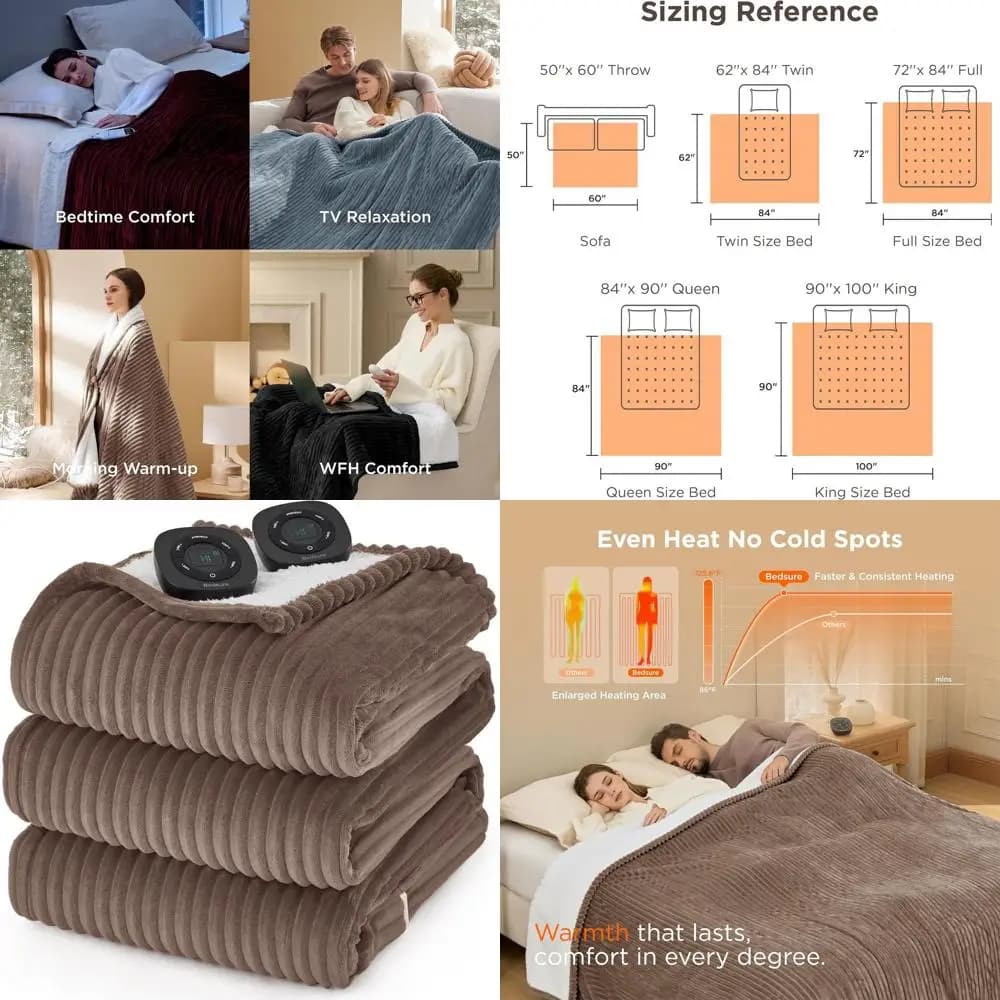 Coperta elettrica king size con doppi controlli, 10 impostazioni di calore e tempo, spegnimento automatico 8 ore, flanella marrone