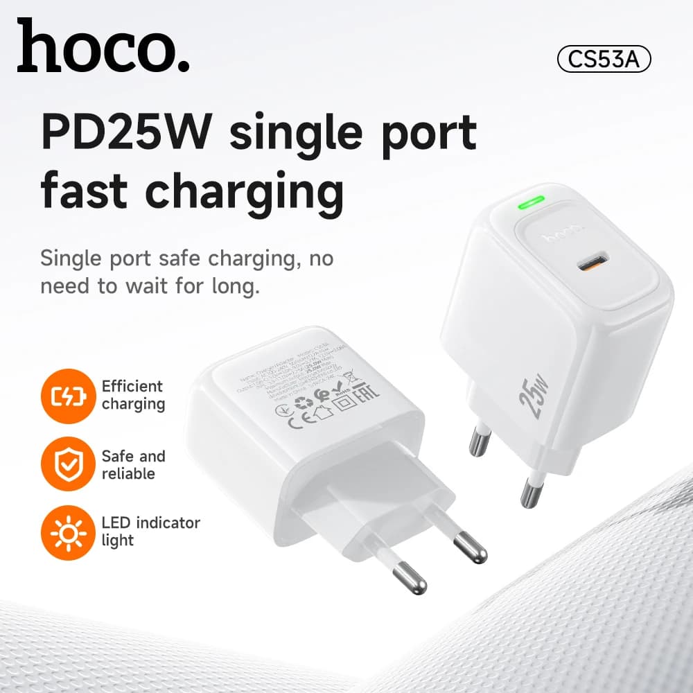 HOCO USB C PD25W Caricatore con spina europea a ricarica rapida per Samsung S24 S25 Adattatore da viaggio a parete con indicatore LED per iPhone 17 18
