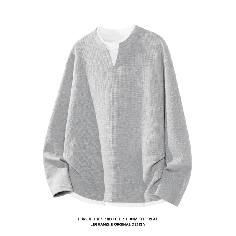Men's Waffle Knit Fake Two‑Piece Long Sleeve T‑Shirt Notch V‑Neck Drop‑Shoulder Loose Fit Casual Layered Look Tops