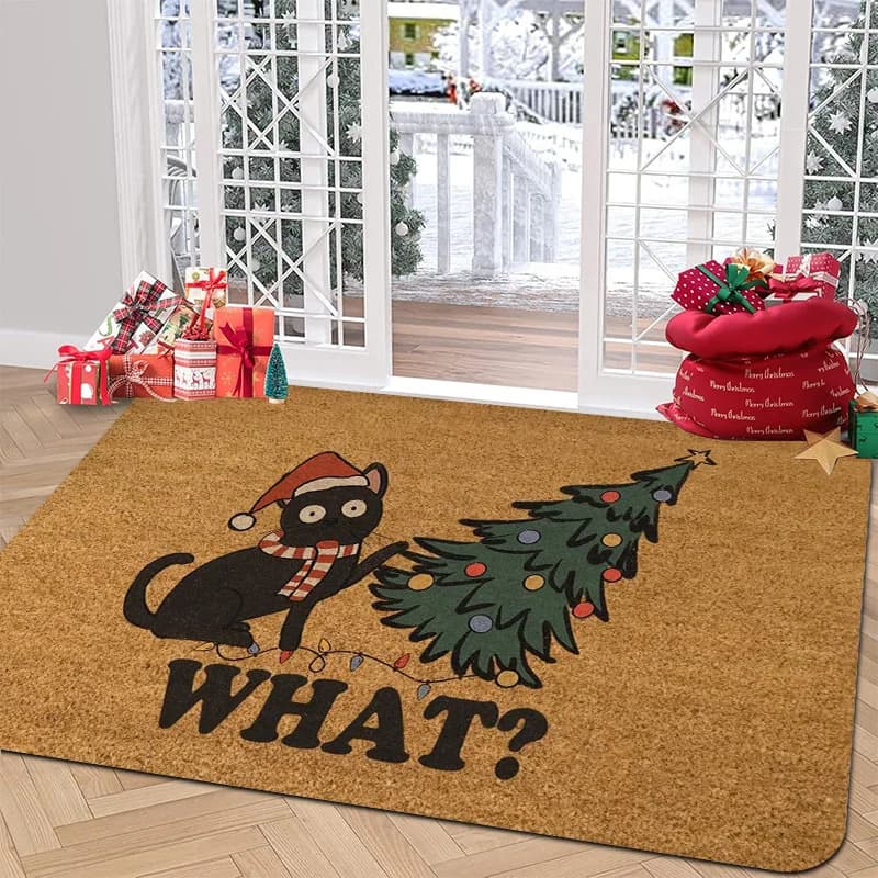Christmas Black Cat Entrance Mat Xmas Tree Funny Letter Graphic Rug Holiday Decor Mat for Front Door Entryway