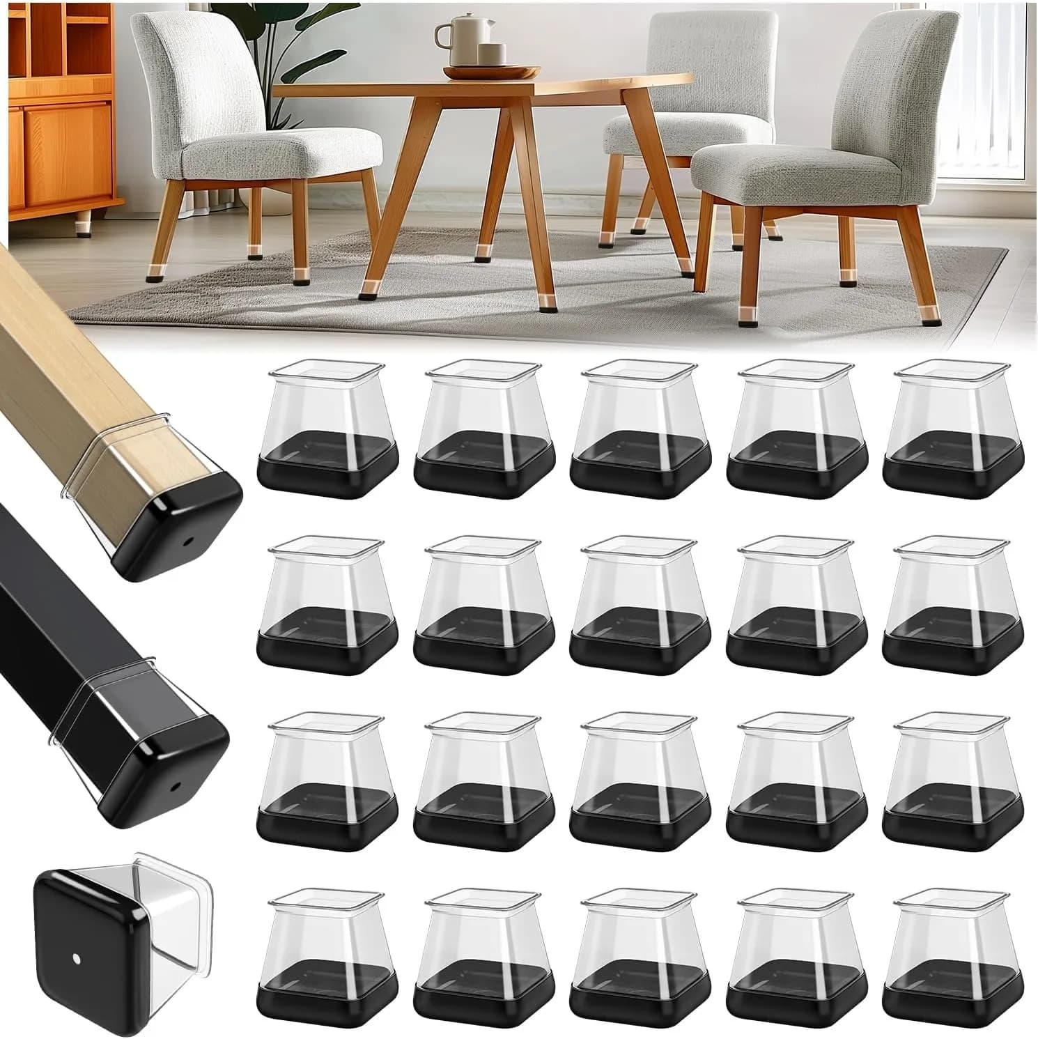 Protezioni per piedini per mobili in TPE aggiornate da 8/16/24 pezzi con base per PC, tappi per gambe di sedie antiscivolo neri per l'uso in moquette