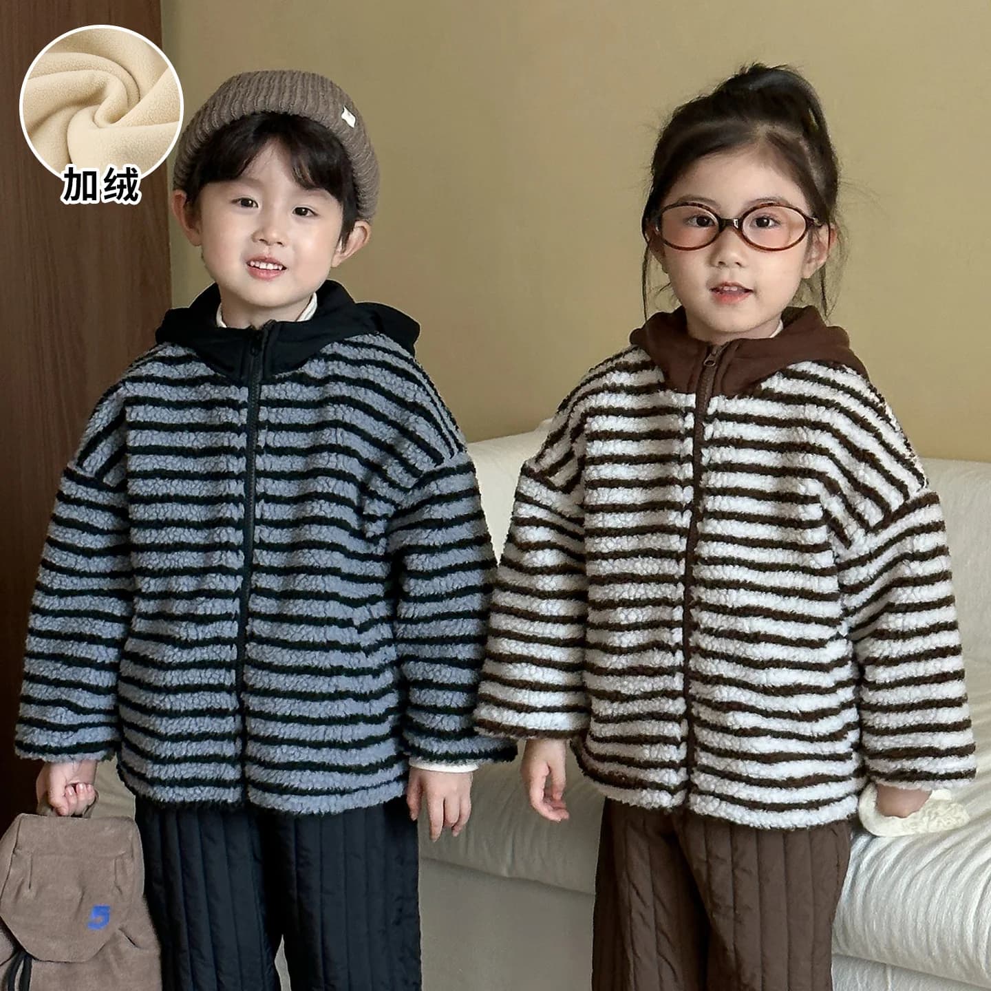 Nuovo agnello di lana con cerniera bambino bambine capispalla inverno bambini neonate Parka Ins strisce con cappuccio bambini ragazze soprabito