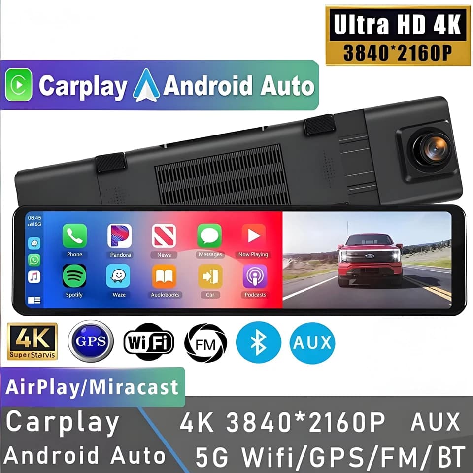 12" 4K 2160P WIFI GPS DashCam Carplay Android Auto Car DVR 1080P Rear Camera BT FM Video Drive Recorder Stream Mirror Dashcam