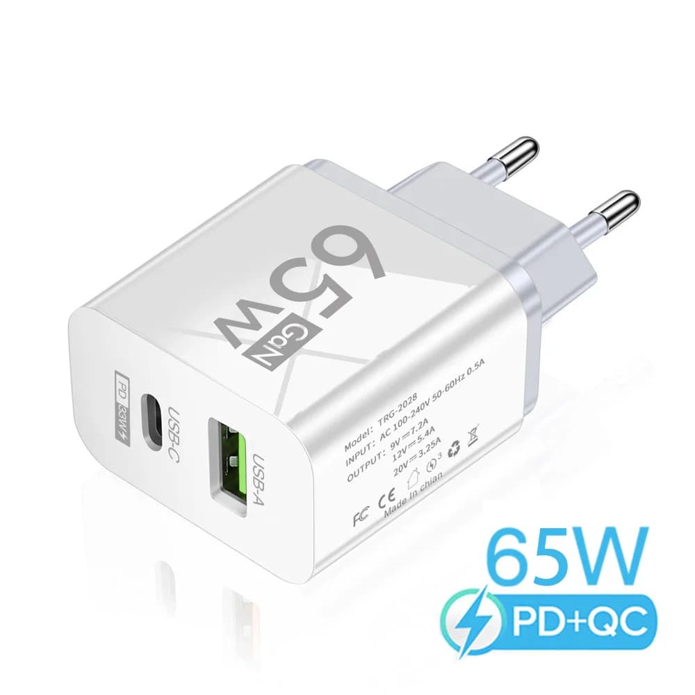 GaN 65W USB C Charger Dual Port PD Fast Charging Wall Adapter for iPhone Samsung Xiaomi Laptop EU US Plug Compact Travel