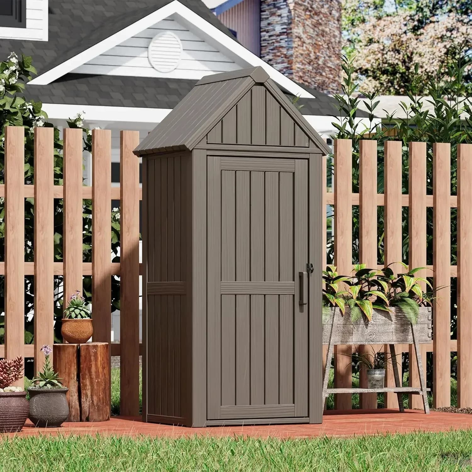 Outdoor Resin Storage Shed, Upgrade Sturdy Storage Cabinet with Removable Shelves and Lock Ring